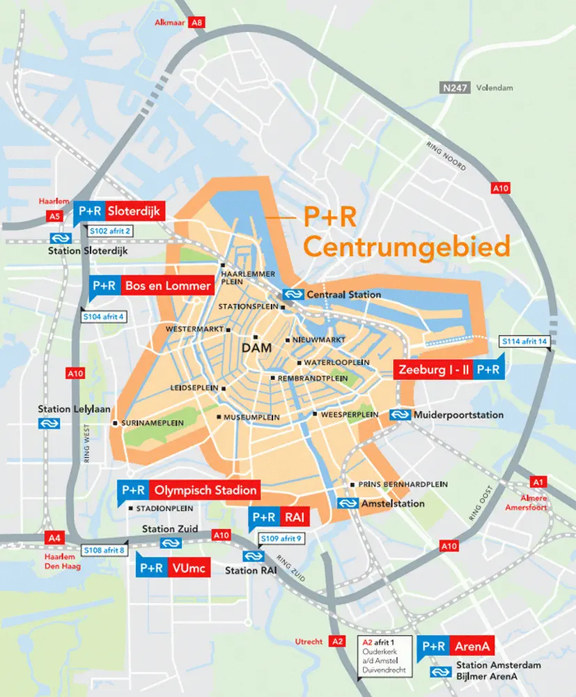 Карта стоянок P+R у Амстердамі
